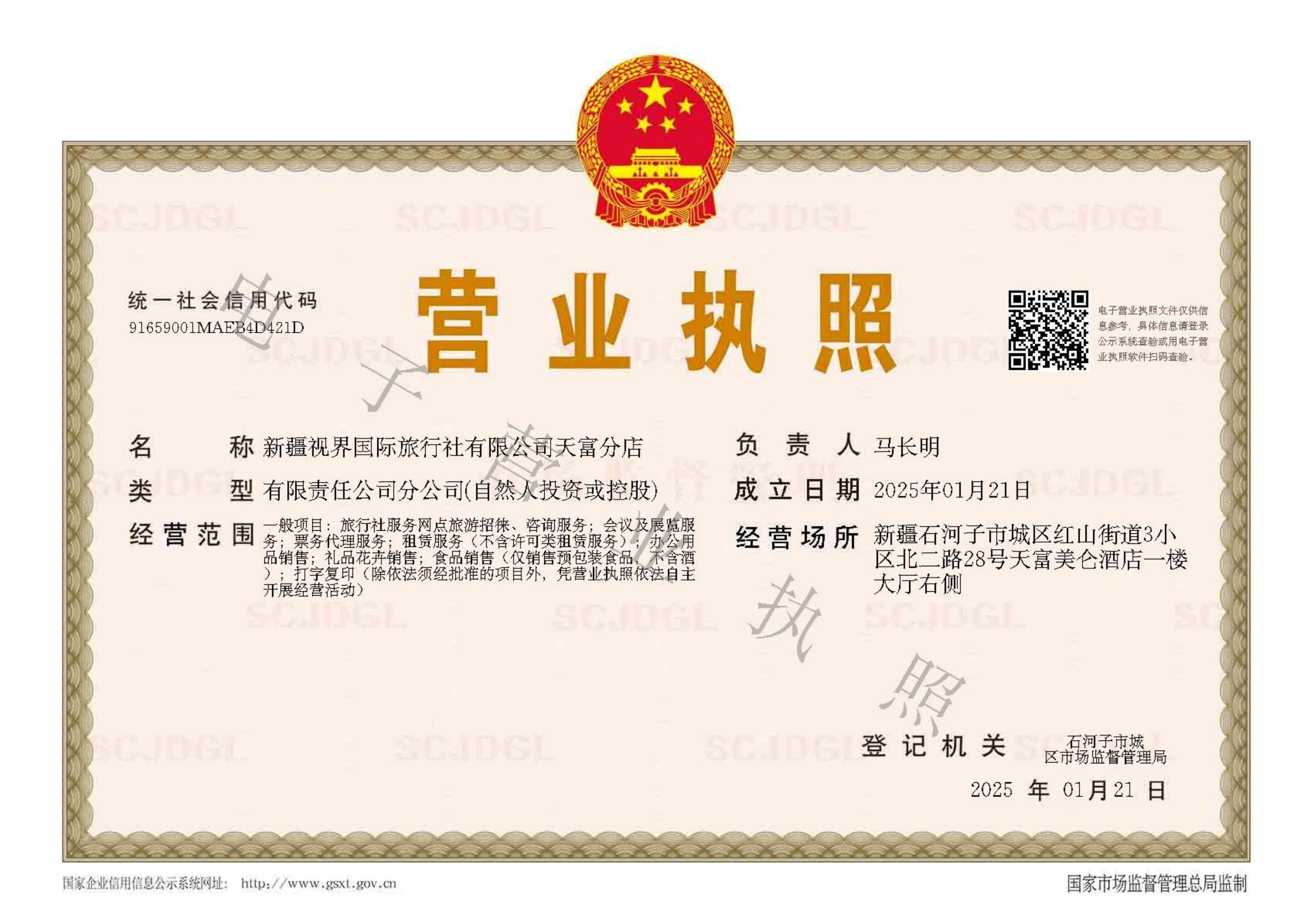 新疆视界国际旅行社有限公司天富分店营业执照